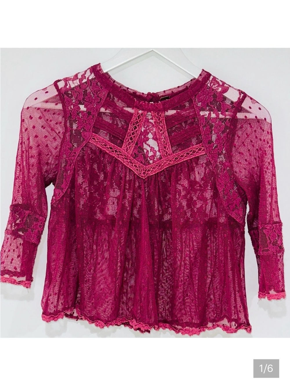 Free People Lace Crop Top Magenta Sheer Boho Romantic Bell Sleeve Size Small